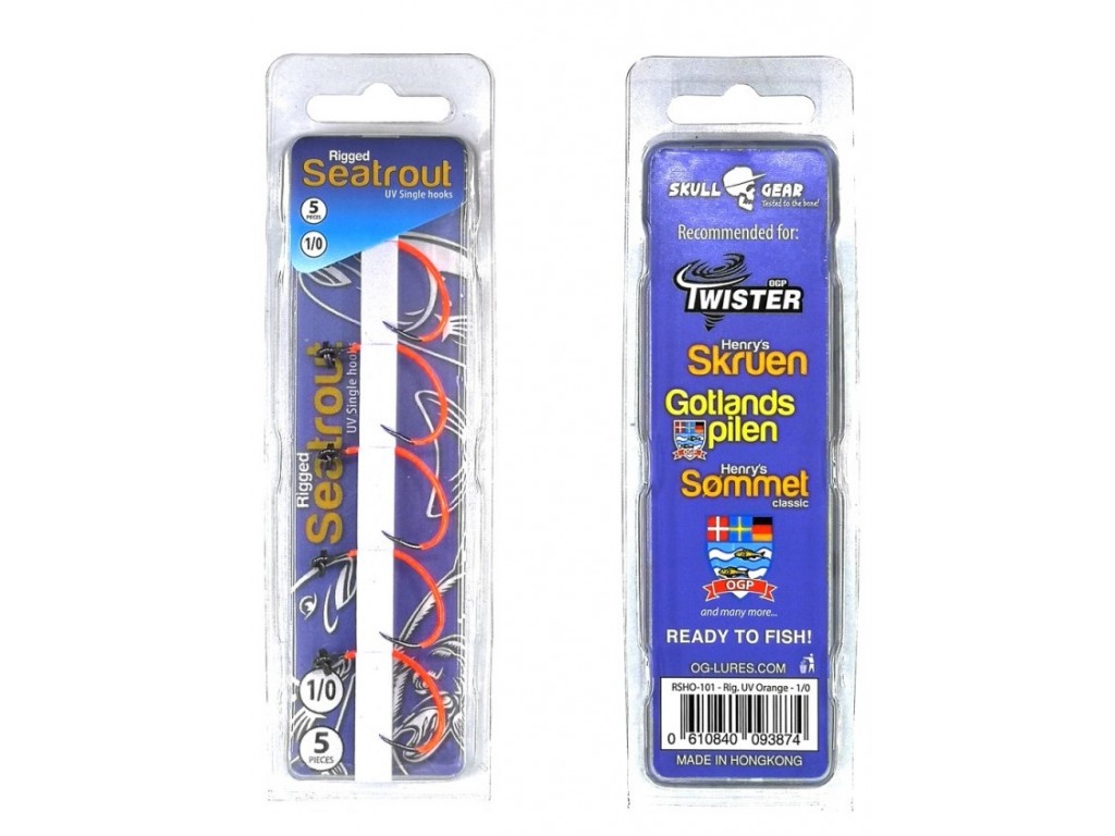 OG Lures Rigged UV Orange Seatrout Single Hooks - Havørred single kroge med spring ring str. 2